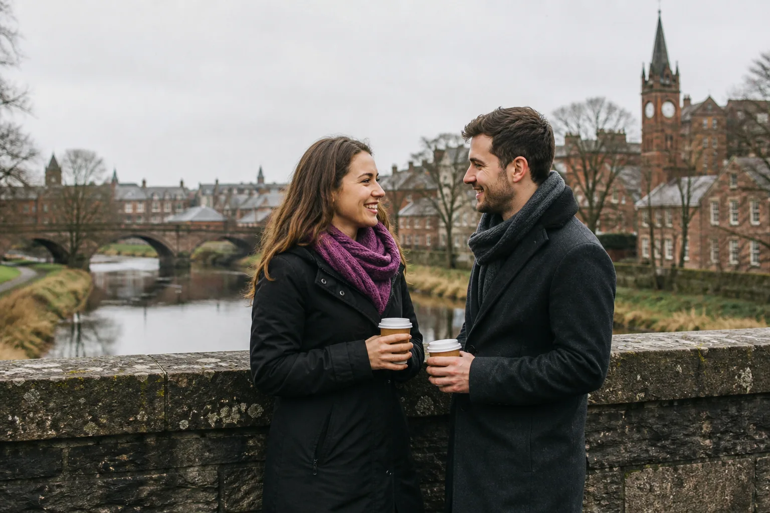 Two people talking over coffee in Dumfries town centre